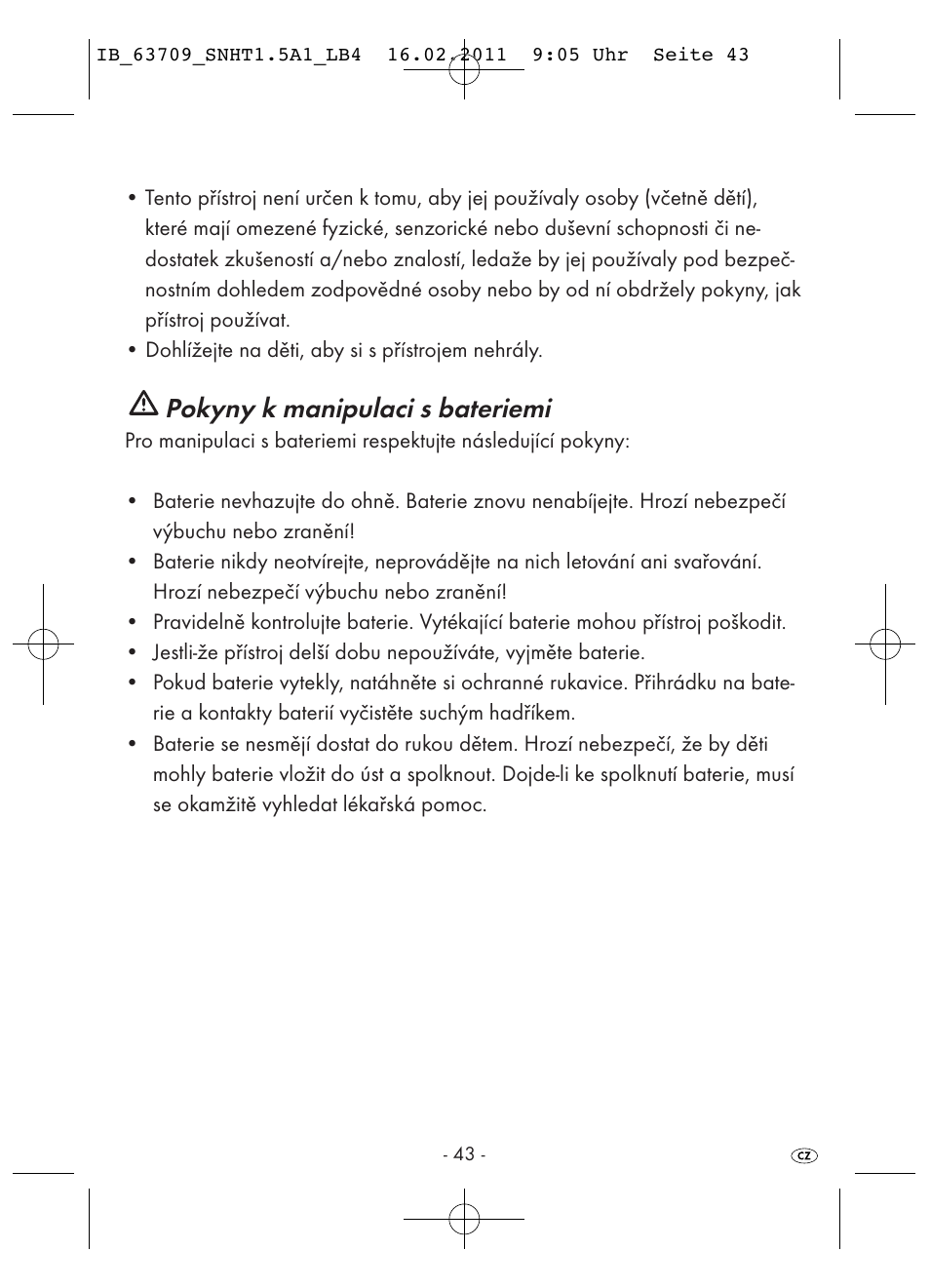 Pokyny k manipulaci s bateriemi | Silvercrest SNHT 1.5 A1 User Manual | Page 45 / 62