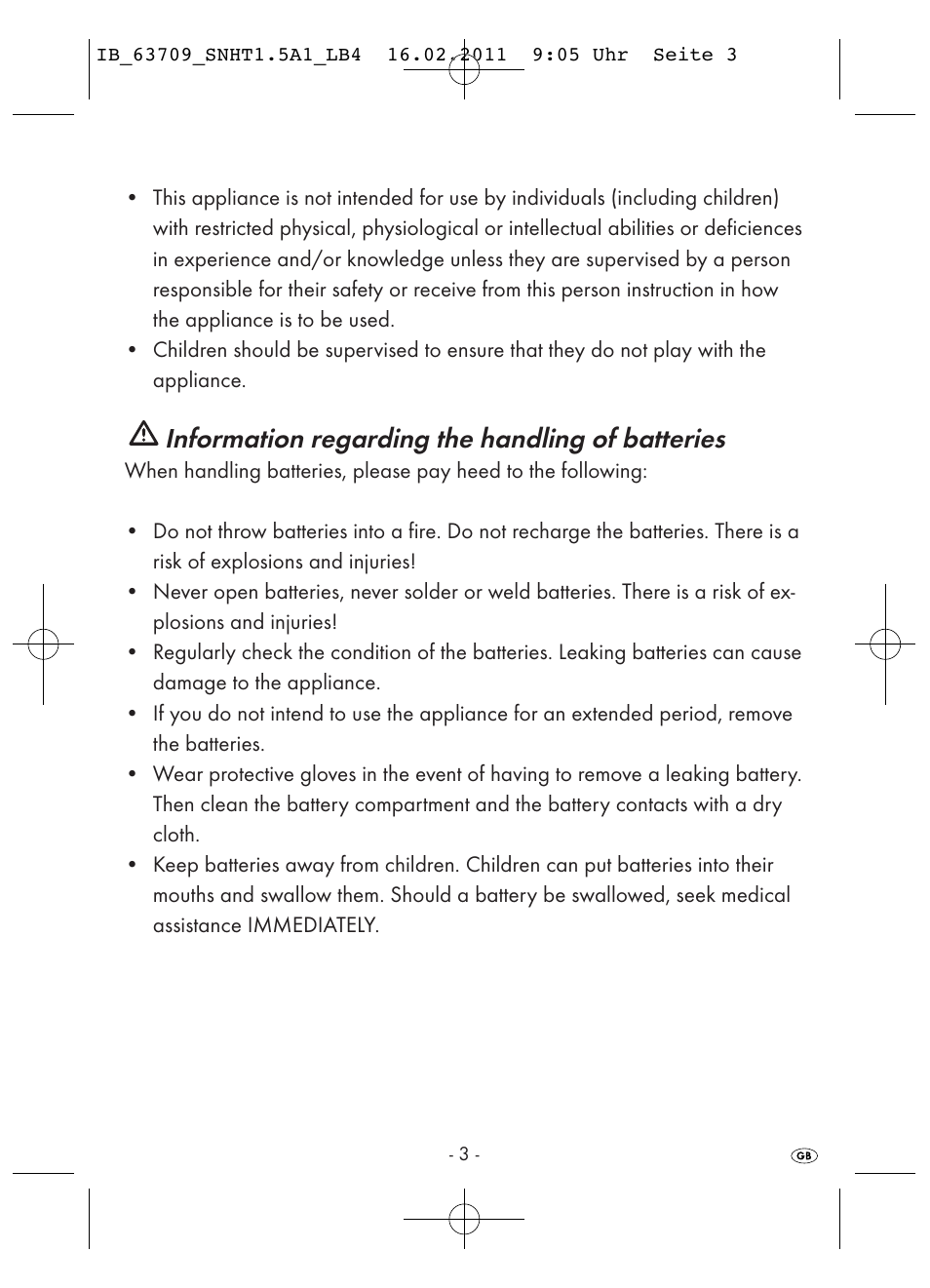 Information regarding the handling of batteries | Silvercrest SNHT 1.5 A1 User Manual | Page 5 / 62
