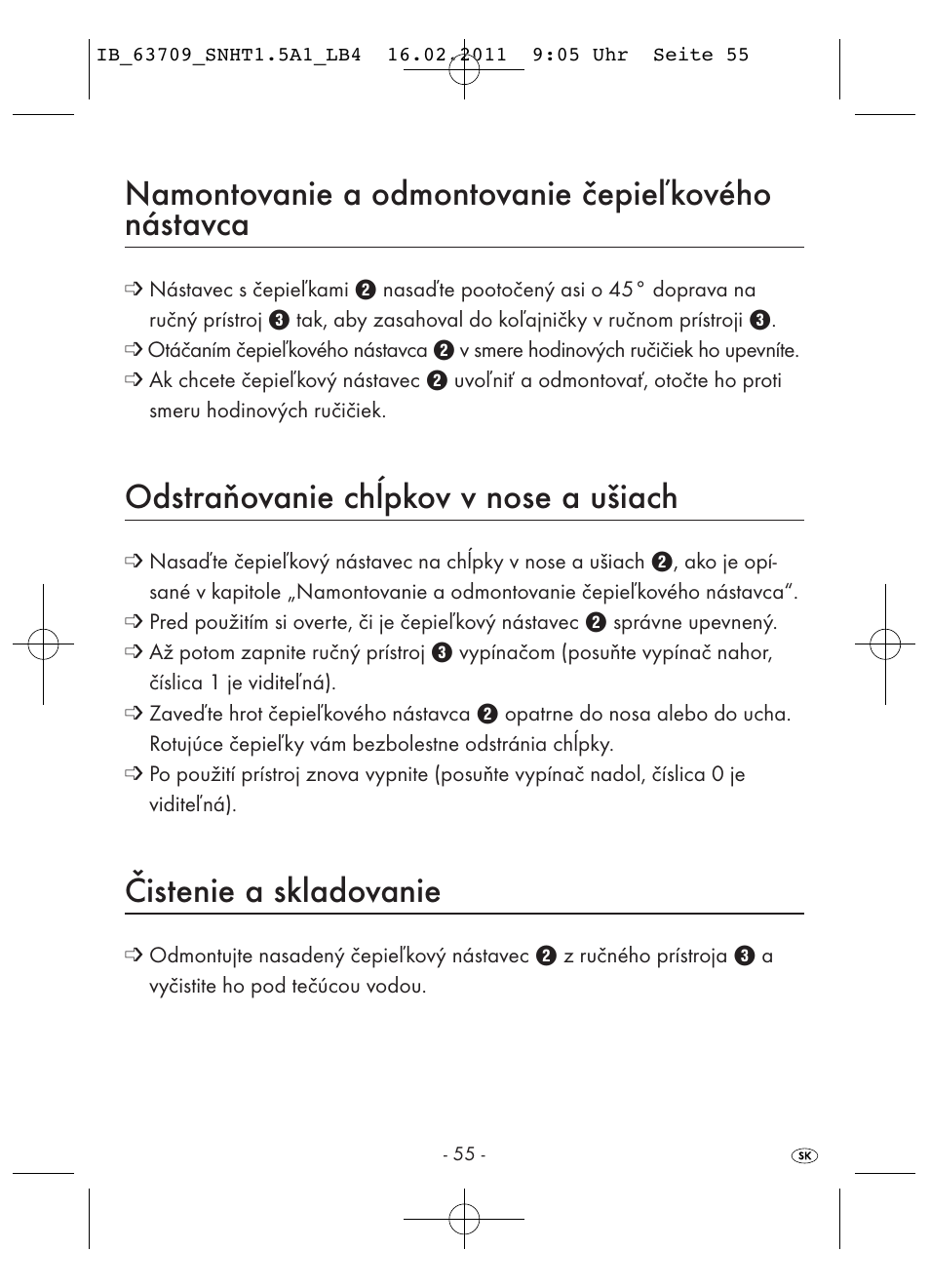 Namontovanie a odmontovanie čepieľkového nástavca, Odstraňovanie chĺpkov v nose a ušiach, Čistenie a skladovanie | Silvercrest SNHT 1.5 A1 User Manual | Page 57 / 62
