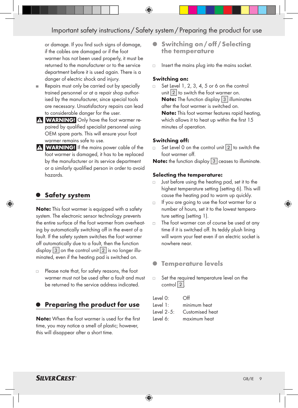 Safety system, Preparing the product for use, Switching on / off / selecting the temperature | Temperature levels | Silvercrest SFW 100 A2 User Manual | Page 5 / 8