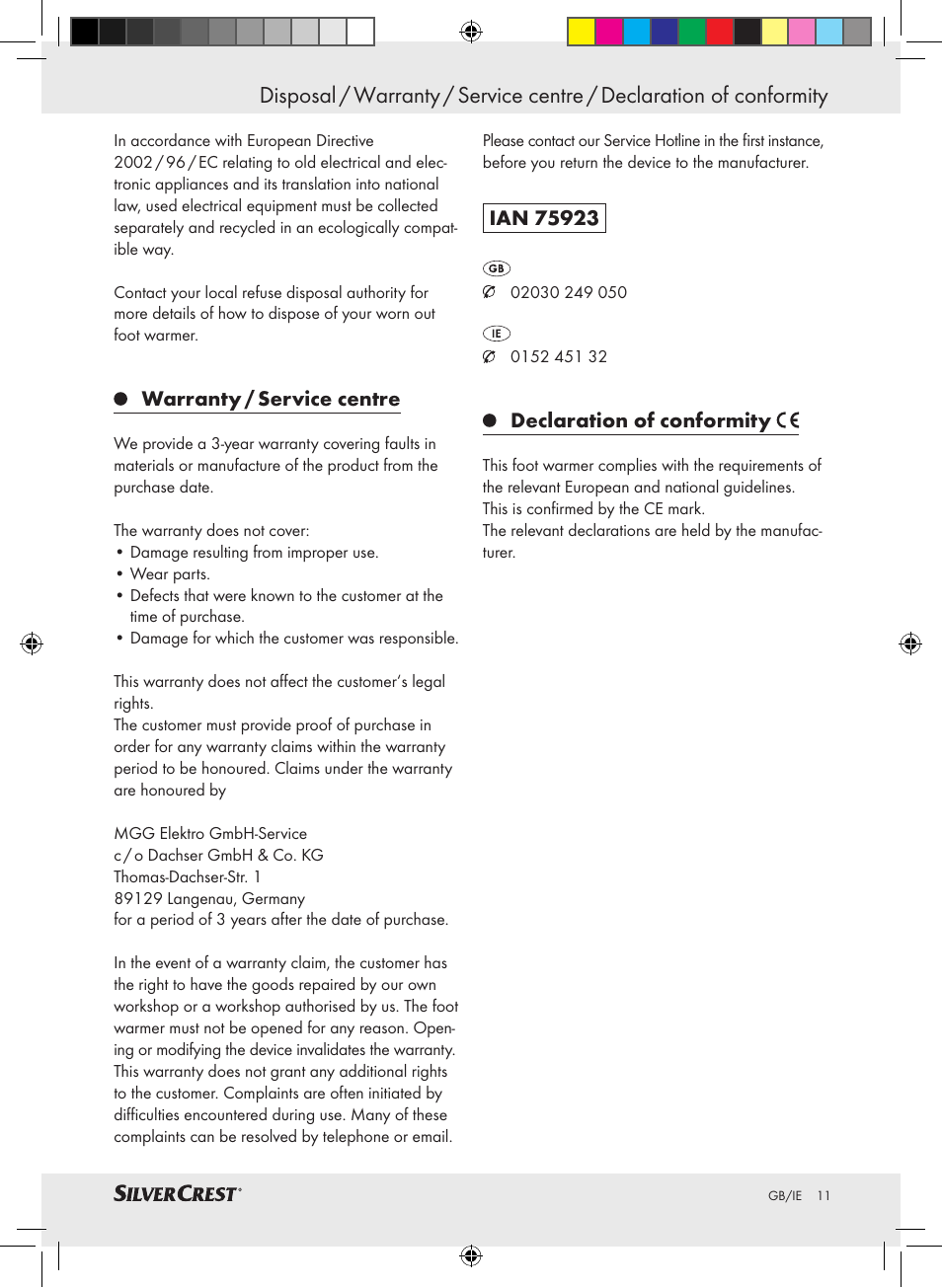 Warranty / service centre, Declaration of conformity | Silvercrest SFW 100 A2 User Manual | Page 7 / 8