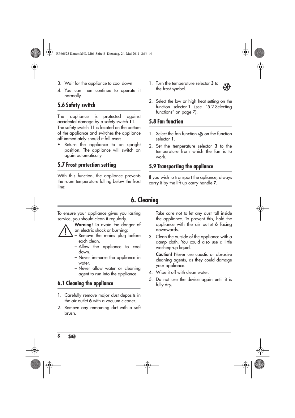 Cleaning, 6 safety switch, 7 frost protection setting | 8 fan function, 9 transporting the appliance, 1 cleaning the appliance | Silvercrest SKHL 1800 A1 User Manual | Page 10 / 14