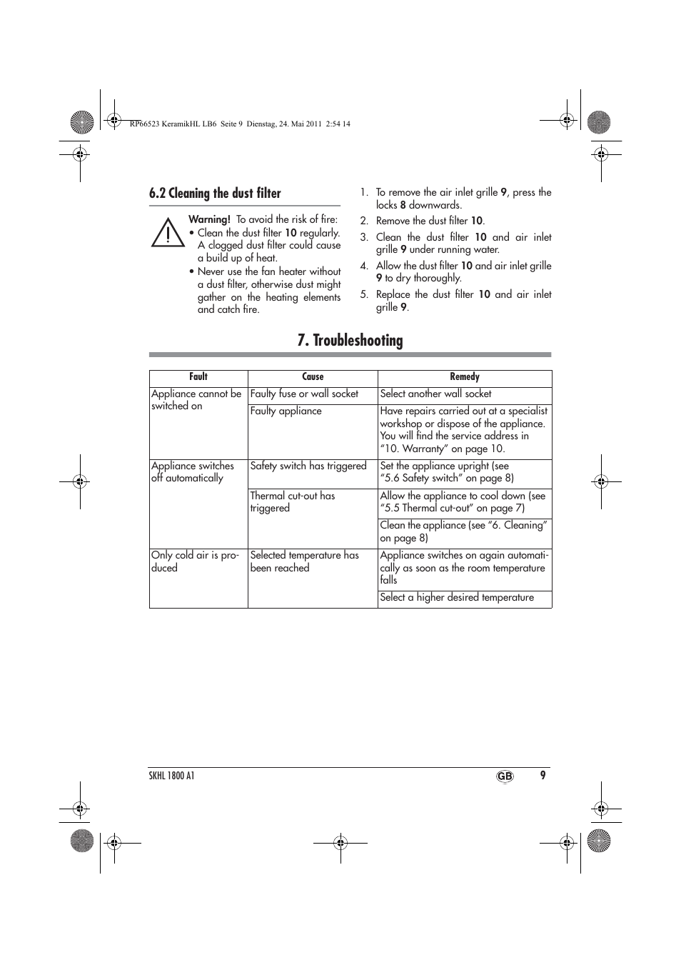 Troubleshooting, 2 cleaning the dust ﬁlter | Silvercrest SKHL 1800 A1 User Manual | Page 11 / 14