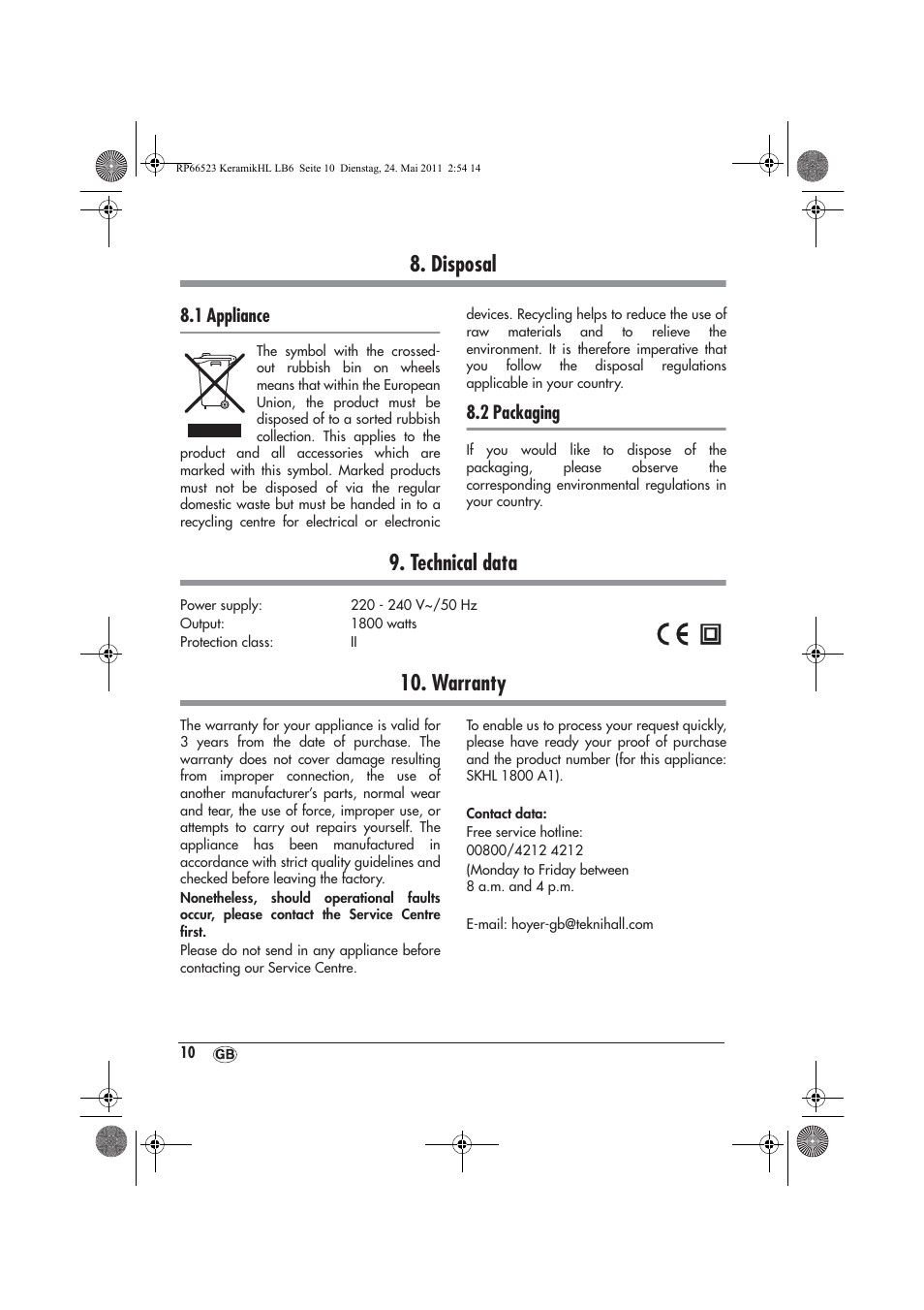 Disposal, Technical data, Warranty | 1 appliance, 2 packaging | Silvercrest SKHL 1800 A1 User Manual | Page 12 / 14