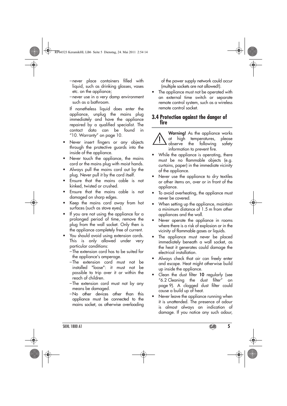 4 protection against the danger of ﬁre | Silvercrest SKHL 1800 A1 User Manual | Page 7 / 14