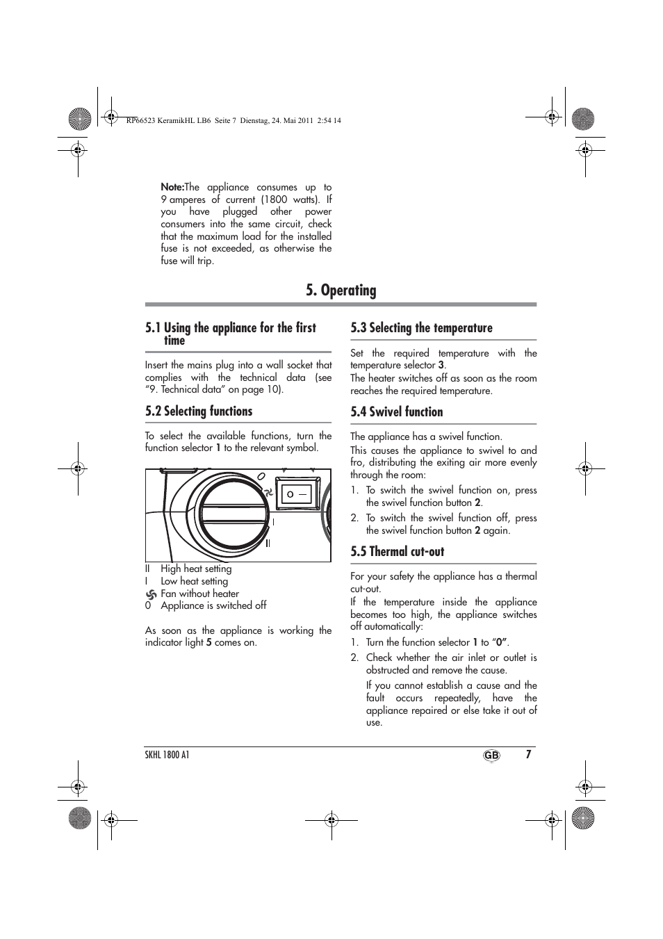 Operating, 1 using the appliance for the ﬁrst time, 2 selecting functions | 3 selecting the temperature, 4 swivel function, 5 thermal cut-out | Silvercrest SKHL 1800 A1 User Manual | Page 9 / 14