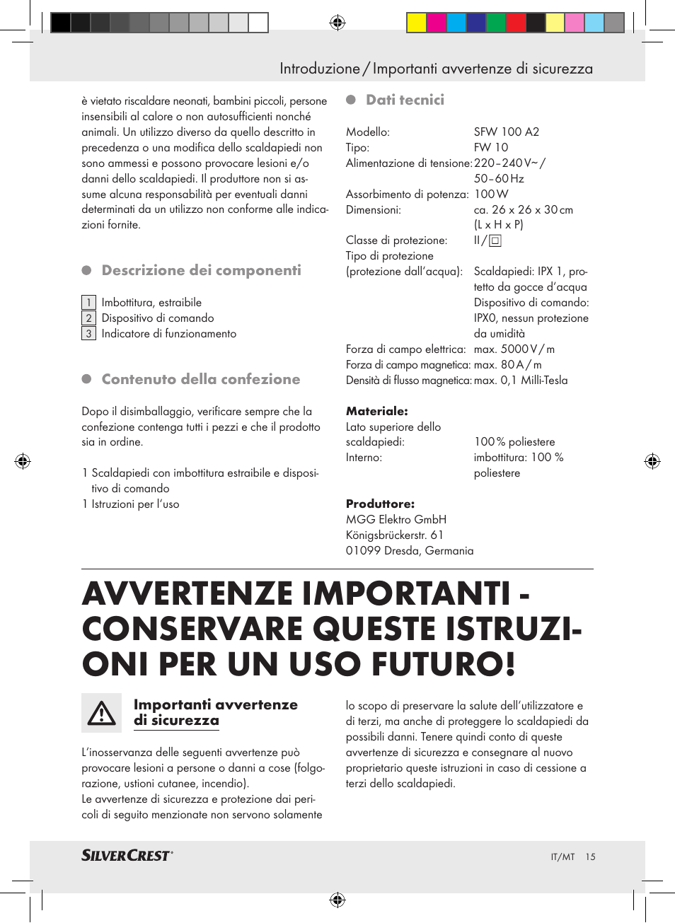 Introduzione / importanti avvertenze di sicurezza | Silvercrest SFW 100 A2 User Manual | Page 11 / 40