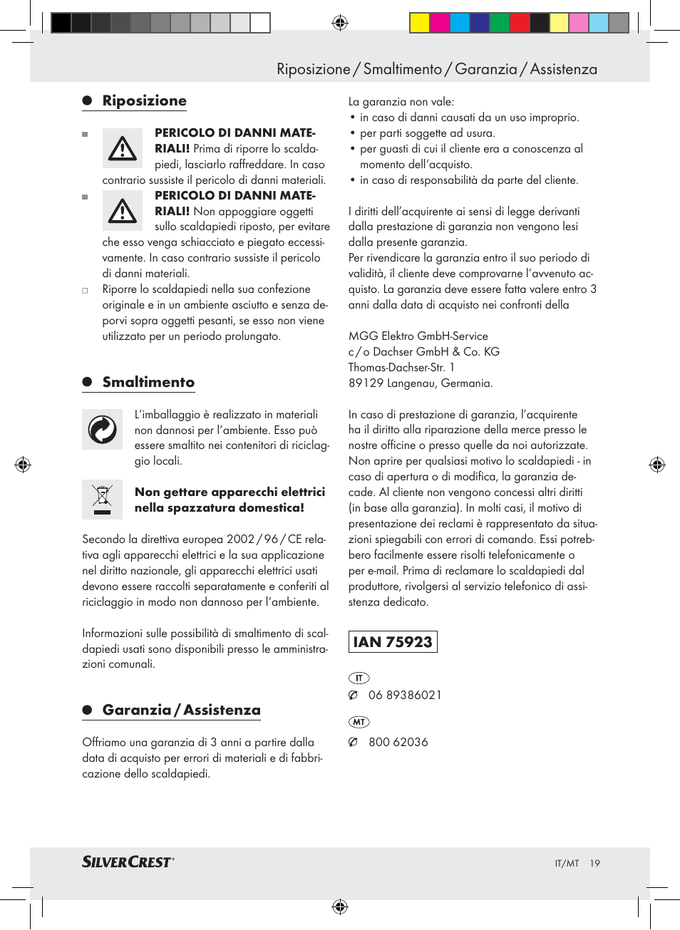 Riposizione / smaltimento / garanzia / assistenza, Riposizione, Smaltimento | Garanzia / assistenza | Silvercrest SFW 100 A2 User Manual | Page 15 / 40