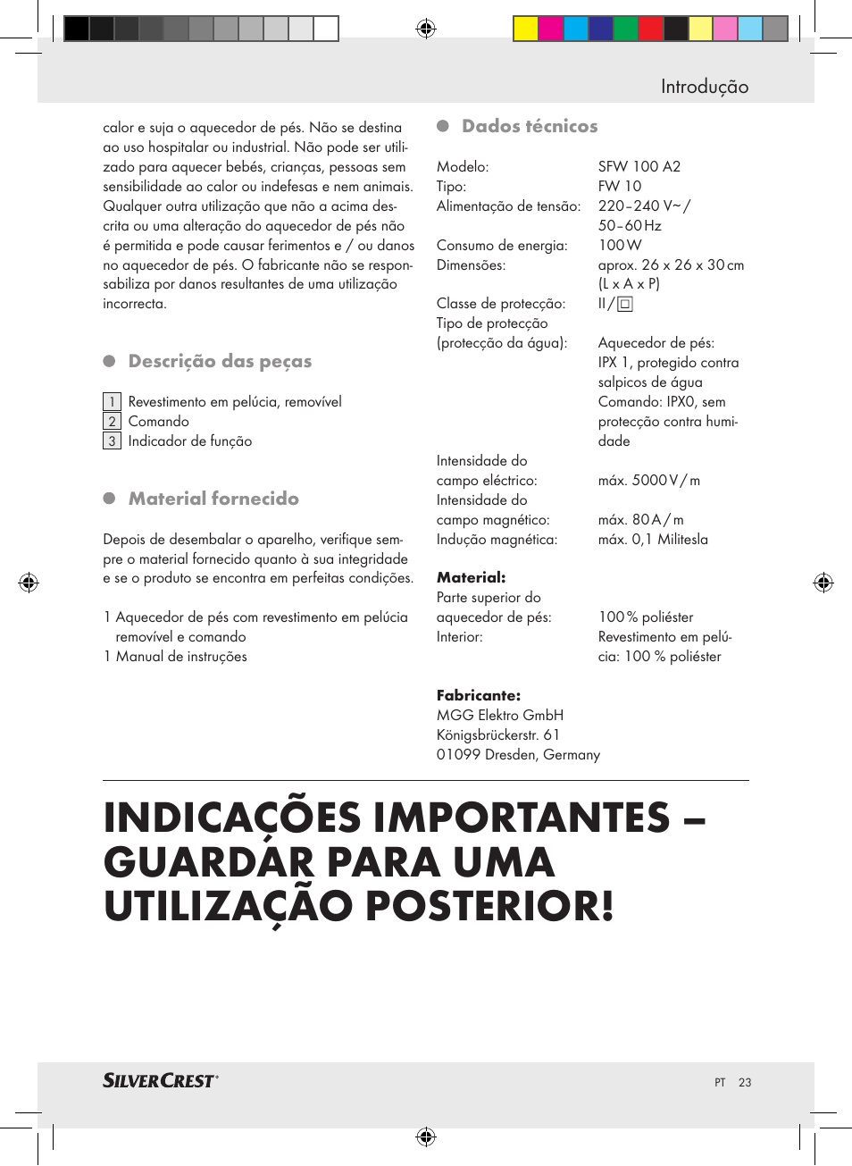 Introdução | Silvercrest SFW 100 A2 User Manual | Page 19 / 40