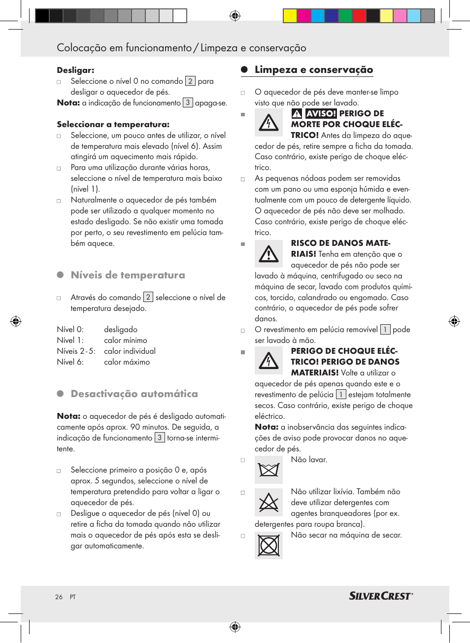 Colocação em funcionamento / limpeza e conservação, Níveis de temperatura, Desactivação automática | Limpeza e conservação | Silvercrest SFW 100 A2 User Manual | Page 22 / 40