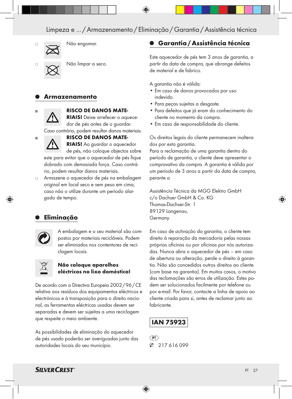 Armazenamento, Eliminação, Garantia / assistência técnica | Silvercrest SFW 100 A2 User Manual | Page 23 / 40