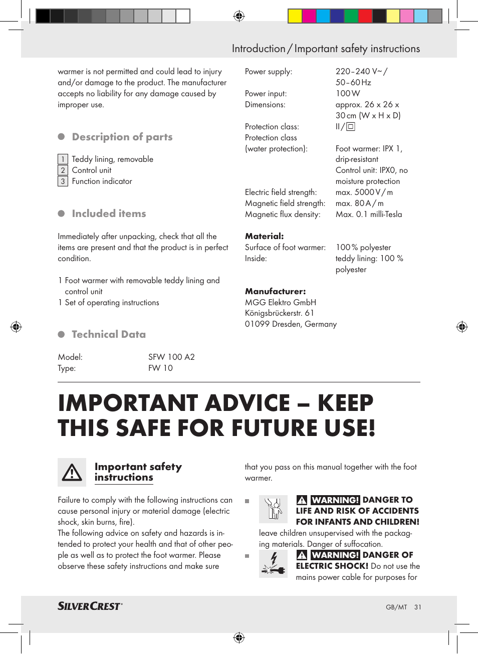 Important advice – keep this safe for future use, Introduction / important safety instructions | Silvercrest SFW 100 A2 User Manual | Page 27 / 40