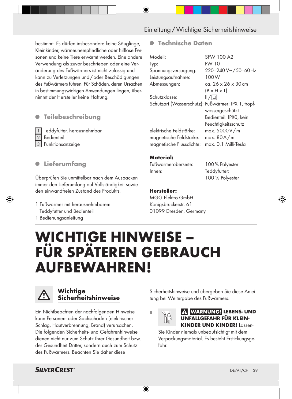 Einleitung / wichtige sicherheitshinweise | Silvercrest SFW 100 A2 User Manual | Page 35 / 40