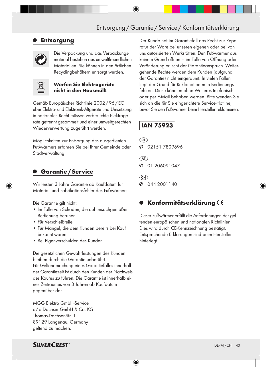 Entsorgung, Garantie / service, Konformitätserklärung | Silvercrest SFW 100 A2 User Manual | Page 39 / 40