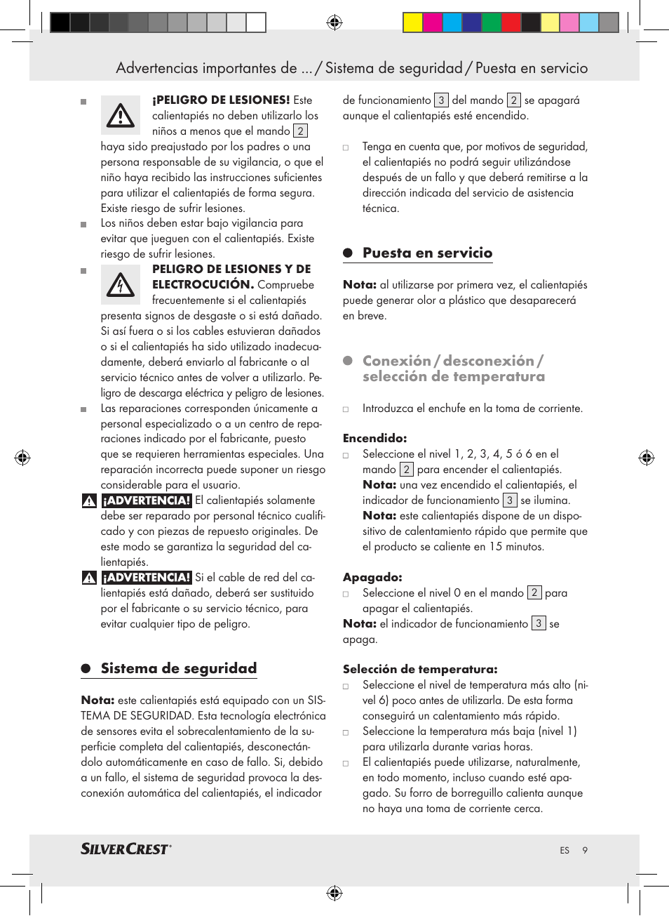 Sistema de seguridad, Puesta en servicio, Conexión / desconexión / selección de temperatura | Silvercrest SFW 100 A2 User Manual | Page 5 / 40
