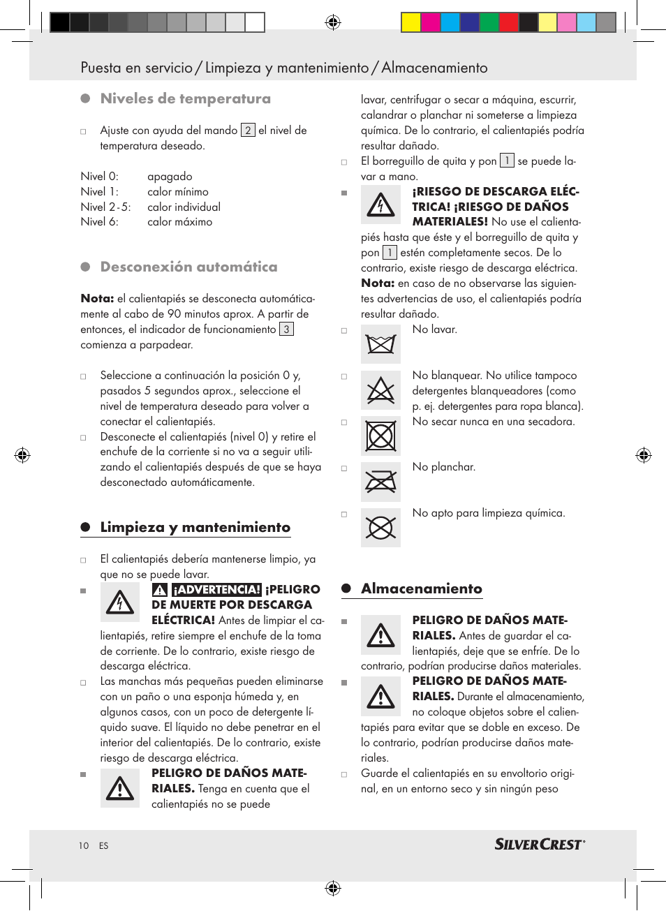 Niveles de temperatura, Desconexión automática, Limpieza y mantenimiento | Almacenamiento | Silvercrest SFW 100 A2 User Manual | Page 6 / 40