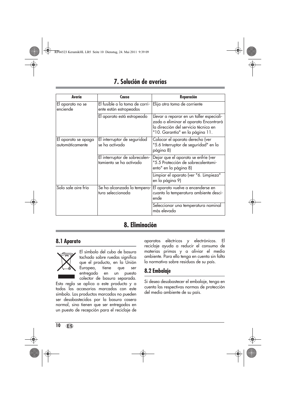 Solución de averías 8. eliminación, 1 aparato, 2 embalaje | Silvercrest SKHL 1800 A1 User Manual | Page 12 / 50