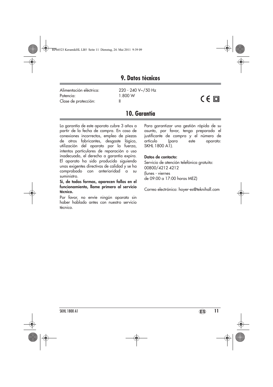 Datos técnicos, Garantía | Silvercrest SKHL 1800 A1 User Manual | Page 13 / 50