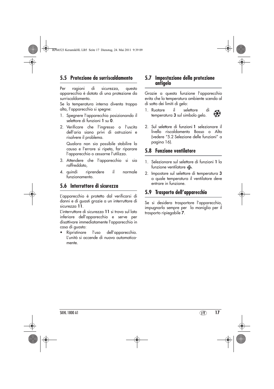 5 protezione da surriscaldamento, 6 interruttore di sicurezza, 7 impostazione della protezione antigelo | 8 funzione ventilatore, 9 trasporto dell’apparecchio | Silvercrest SKHL 1800 A1 User Manual | Page 19 / 50