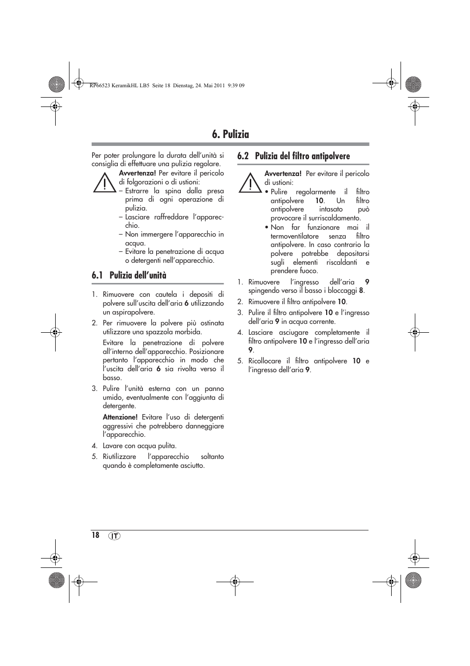 Pulizia, 1 pulizia dell’unità, 2 pulizia del ﬁltro antipolvere | Silvercrest SKHL 1800 A1 User Manual | Page 20 / 50