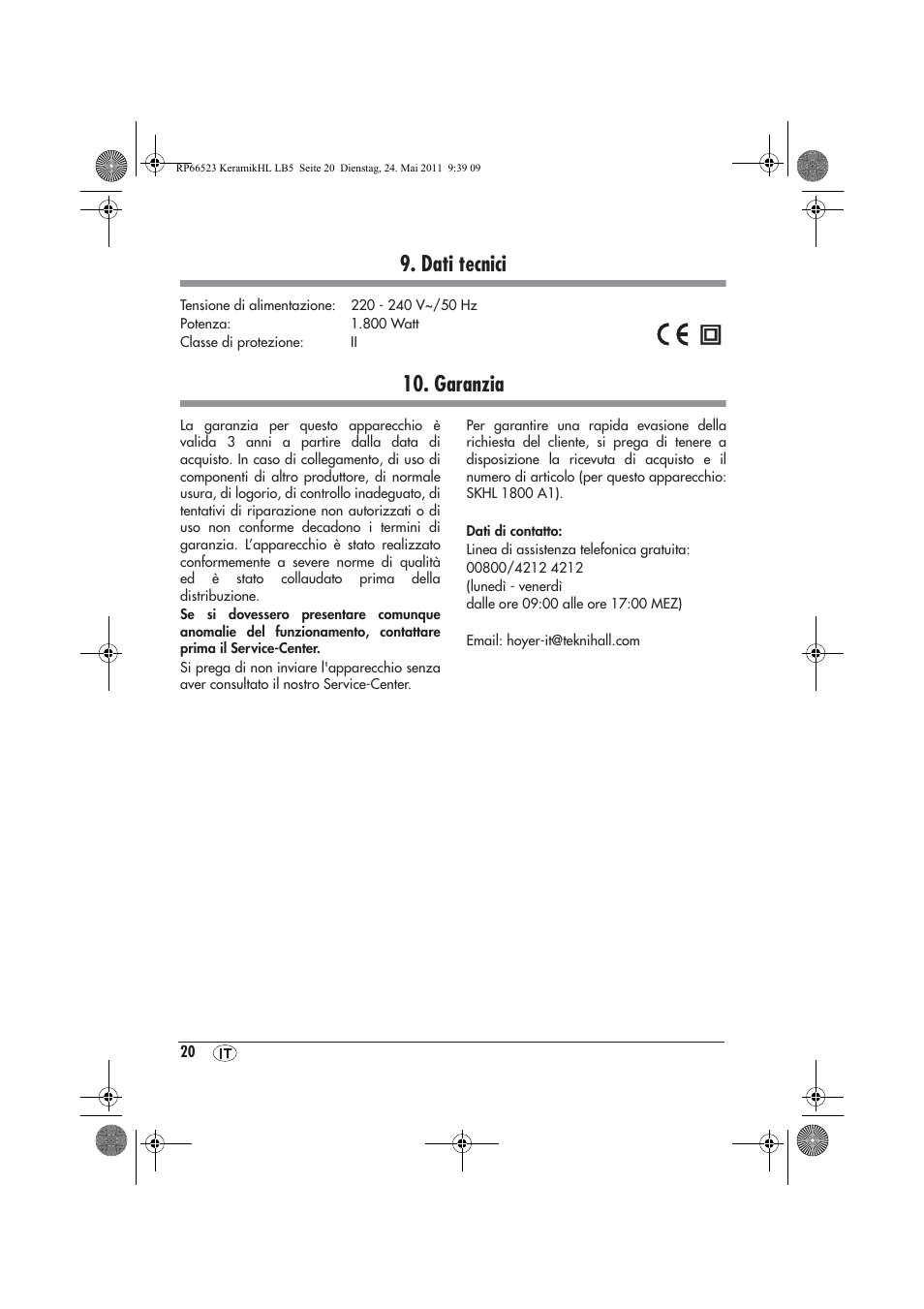 Dati tecnici, Garanzia | Silvercrest SKHL 1800 A1 User Manual | Page 22 / 50