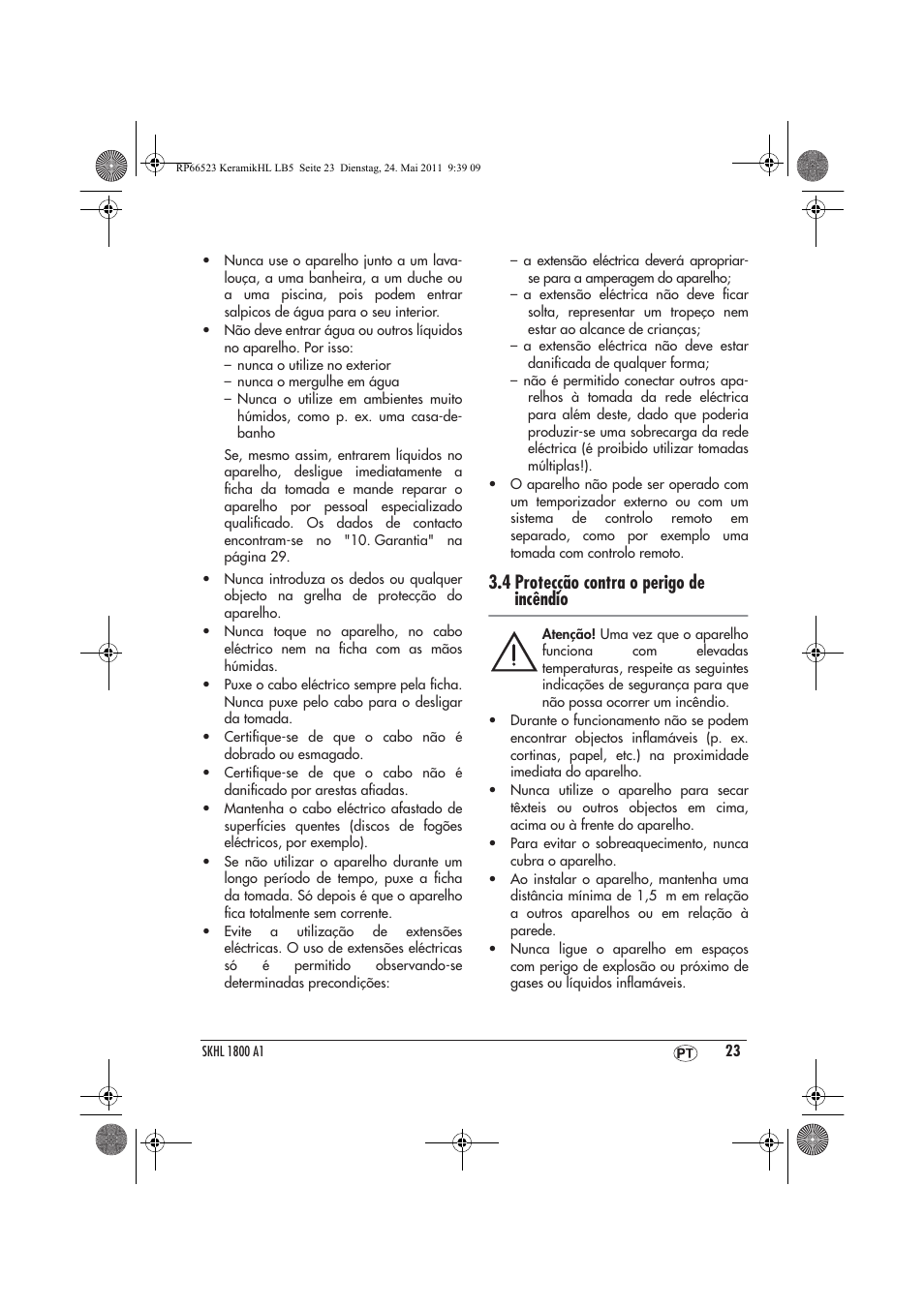 4 protecção contra o perigo de incêndio | Silvercrest SKHL 1800 A1 User Manual | Page 25 / 50