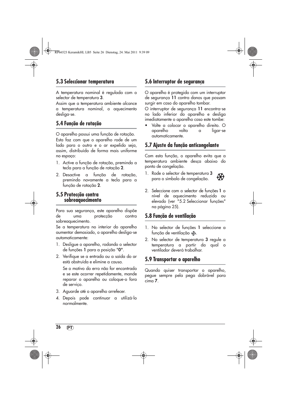 3 seleccionar temperatura, 4 função de rotação, 5 protecção contra sobreaquecimento | 6 interruptor de segurança, 7 ajuste da função anticongelante, 8 função de ventilação, 9 transportar o aparelho | Silvercrest SKHL 1800 A1 User Manual | Page 28 / 50