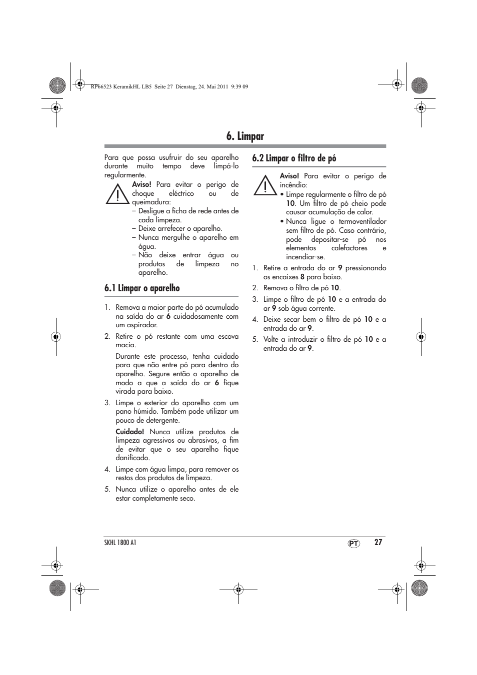 Limpar, 1 limpar o aparelho, 2 limpar o ﬁltro de pó | Silvercrest SKHL 1800 A1 User Manual | Page 29 / 50