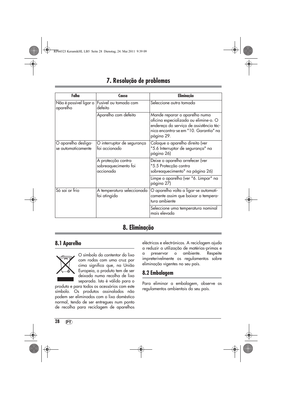 Resolução de problemas 8. eliminação, 1 aparelho, 2 embalagem | Silvercrest SKHL 1800 A1 User Manual | Page 30 / 50