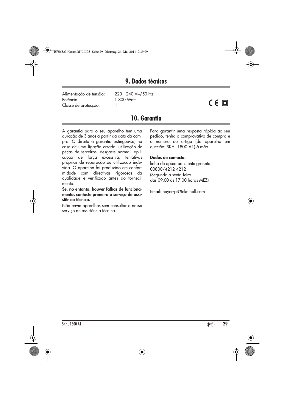 Dados técnicos, Garantia | Silvercrest SKHL 1800 A1 User Manual | Page 31 / 50