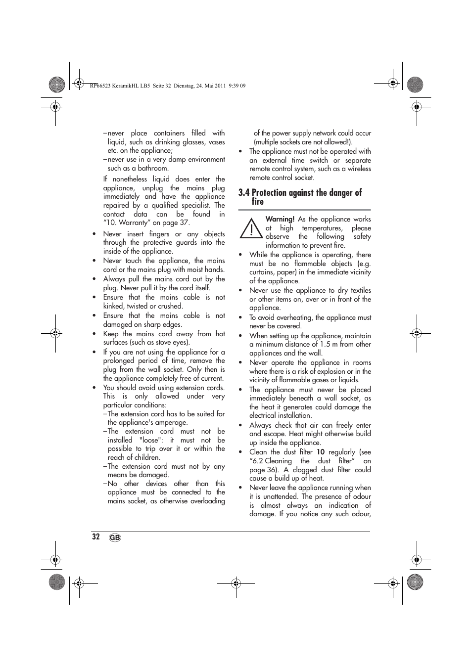 4 protection against the danger of ﬁre | Silvercrest SKHL 1800 A1 User Manual | Page 34 / 50