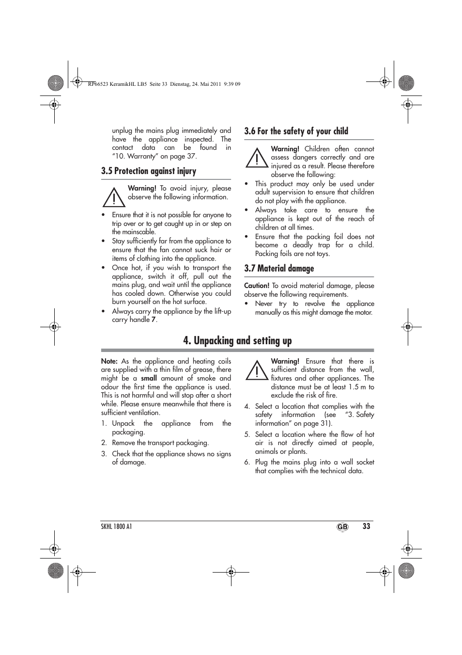 Unpacking and setting up, 5 protection against injury, 6 for the safety of your child | 7 material damage | Silvercrest SKHL 1800 A1 User Manual | Page 35 / 50