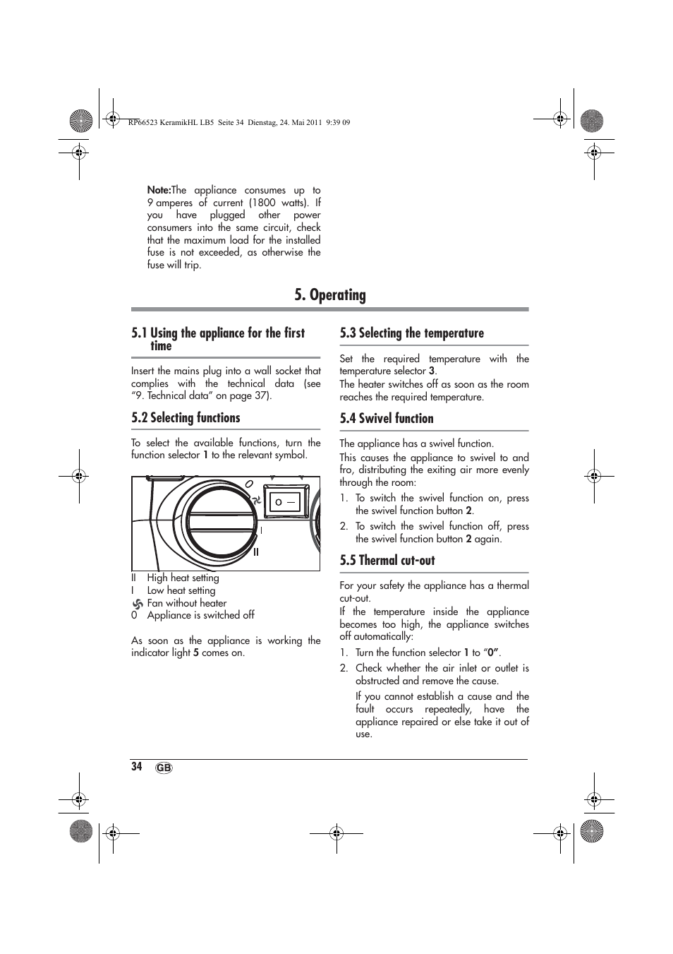 Operating, 1 using the appliance for the ﬁrst time, 2 selecting functions | 3 selecting the temperature, 4 swivel function, 5 thermal cut-out | Silvercrest SKHL 1800 A1 User Manual | Page 36 / 50