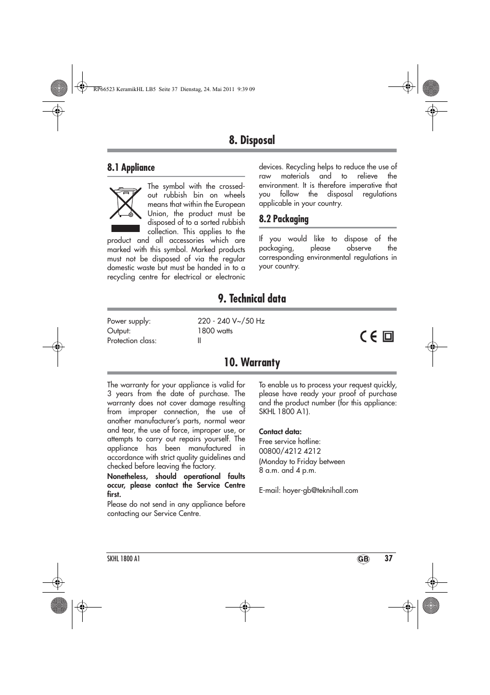 Disposal, Technical data, Warranty | 1 appliance, 2 packaging | Silvercrest SKHL 1800 A1 User Manual | Page 39 / 50