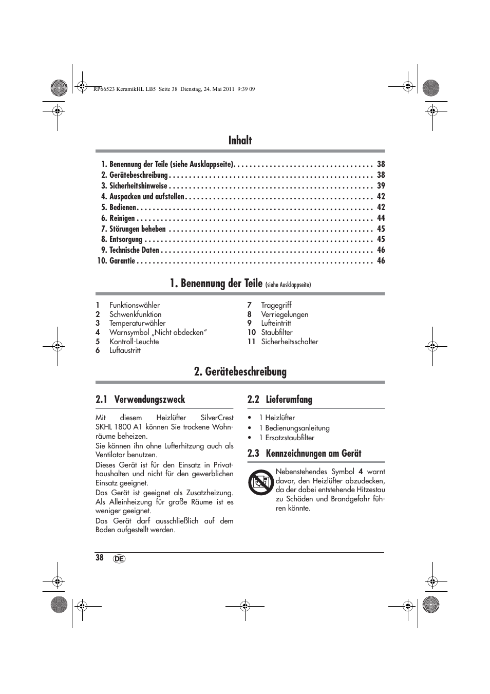 Inhalt, Benennung der teile, Gerätebeschreibung | 1 verwendungszweck, 2 lieferumfang, 3 kennzeichnungen am gerät | Silvercrest SKHL 1800 A1 User Manual | Page 40 / 50