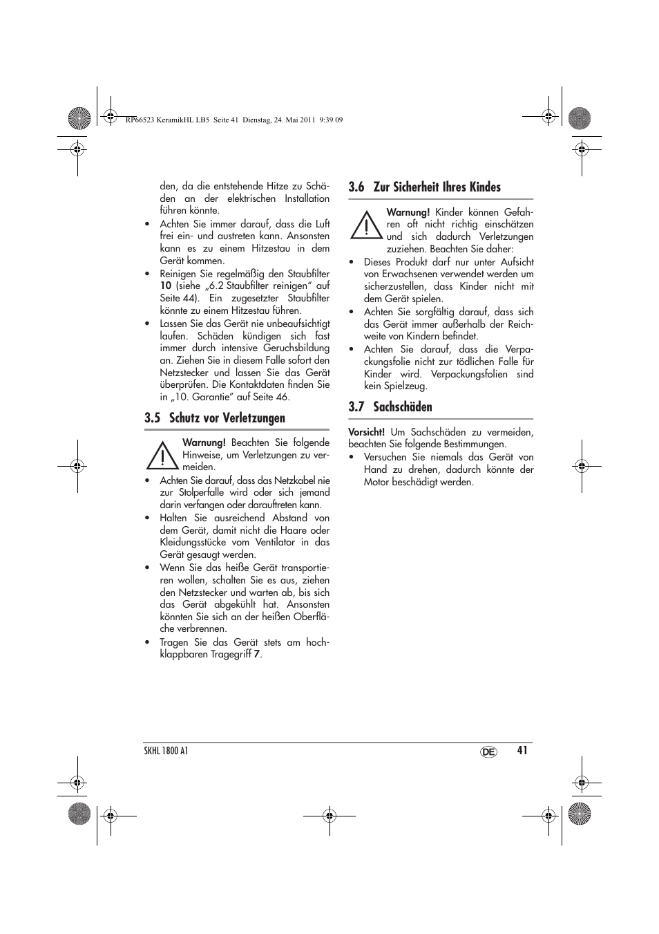 5 schutz vor verletzungen, 6 zur sicherheit ihres kindes, 7 sachschäden | Silvercrest SKHL 1800 A1 User Manual | Page 43 / 50