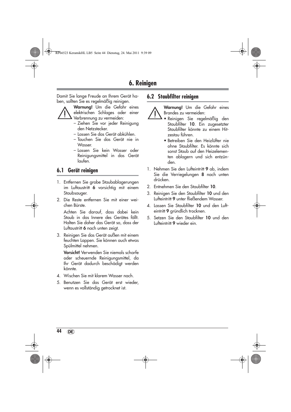 Reinigen, 1 gerät reinigen, 2 staubﬁlter reinigen | Silvercrest SKHL 1800 A1 User Manual | Page 46 / 50