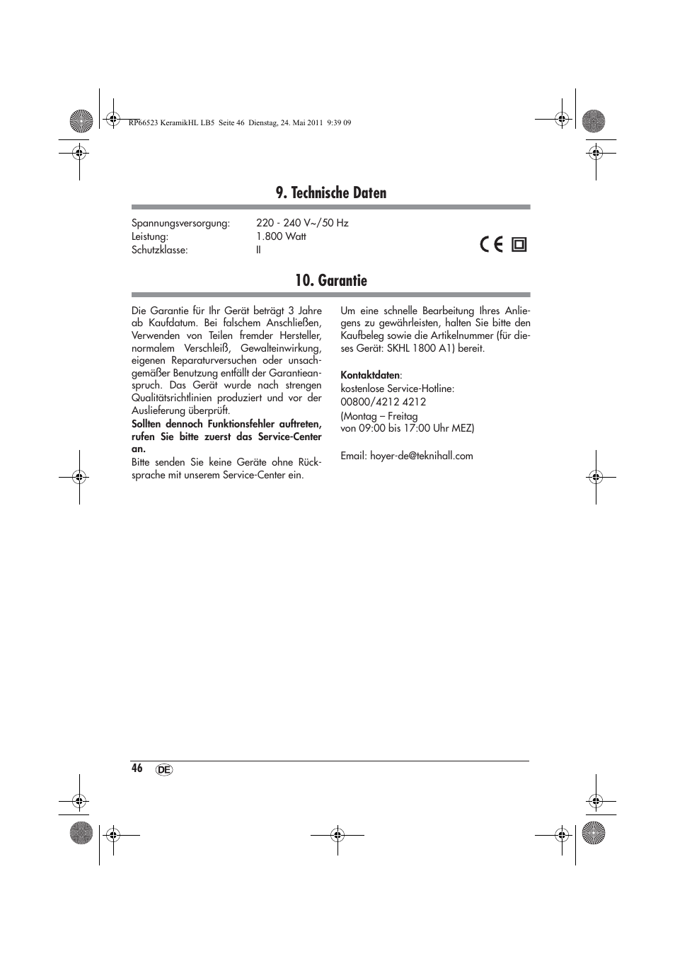 Technische daten, Garantie | Silvercrest SKHL 1800 A1 User Manual | Page 48 / 50