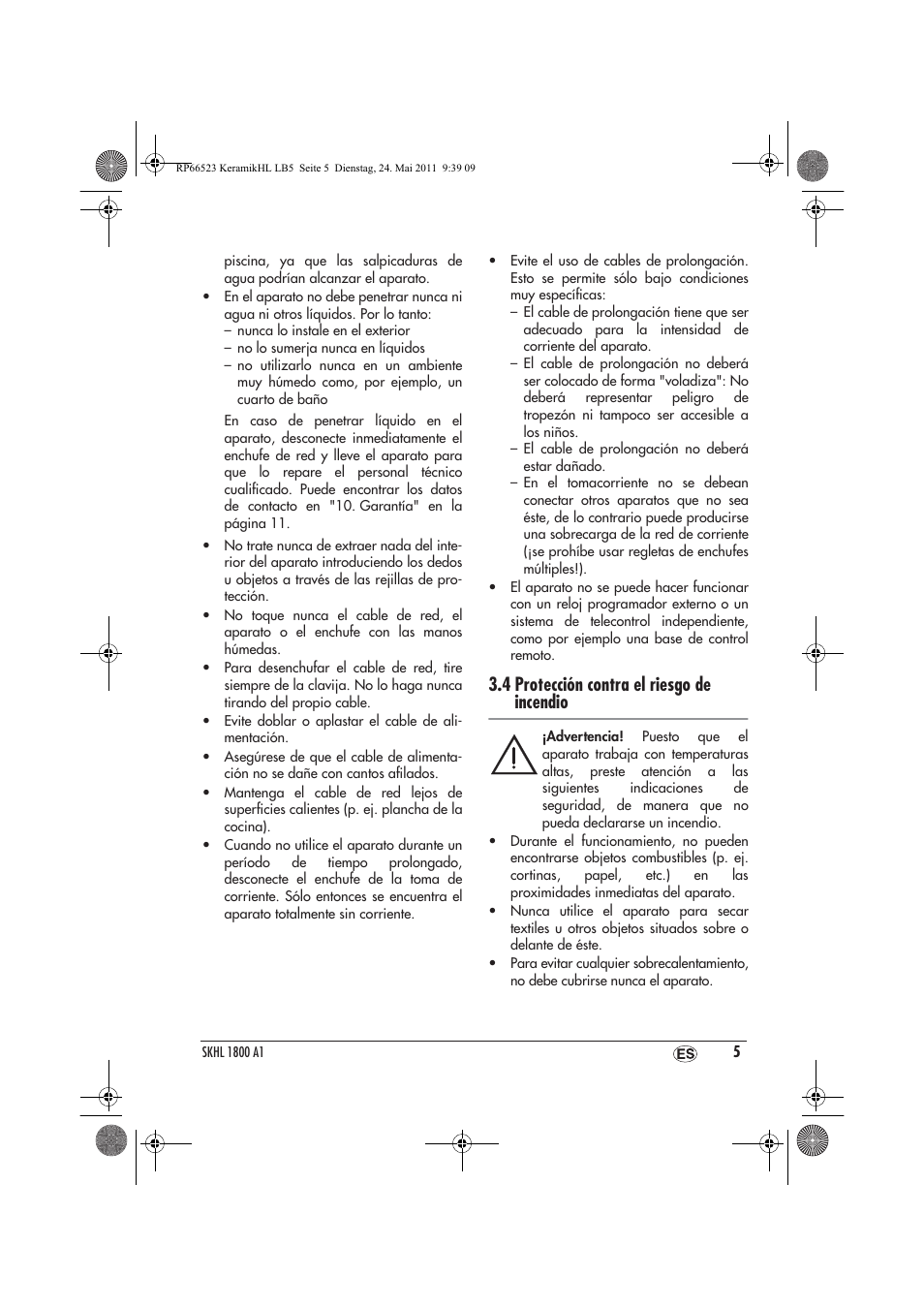 4 protección contra el riesgo de incendio | Silvercrest SKHL 1800 A1 User Manual | Page 7 / 50