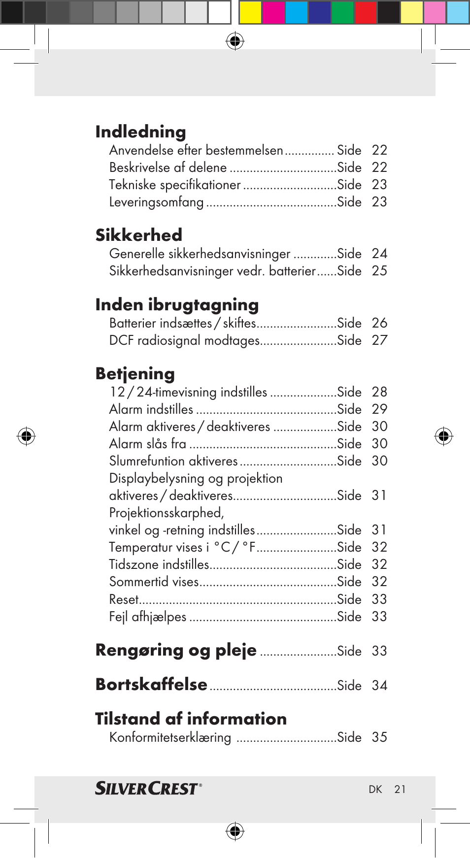 Indledning, Sikkerhed, Inden ibrugtagning | Betjening, Rengøring og pleje, Bortskaffelse, Tilstand af information | Silvercrest Z30951A Z30951B Z30951C User Manual | Page 21 / 69