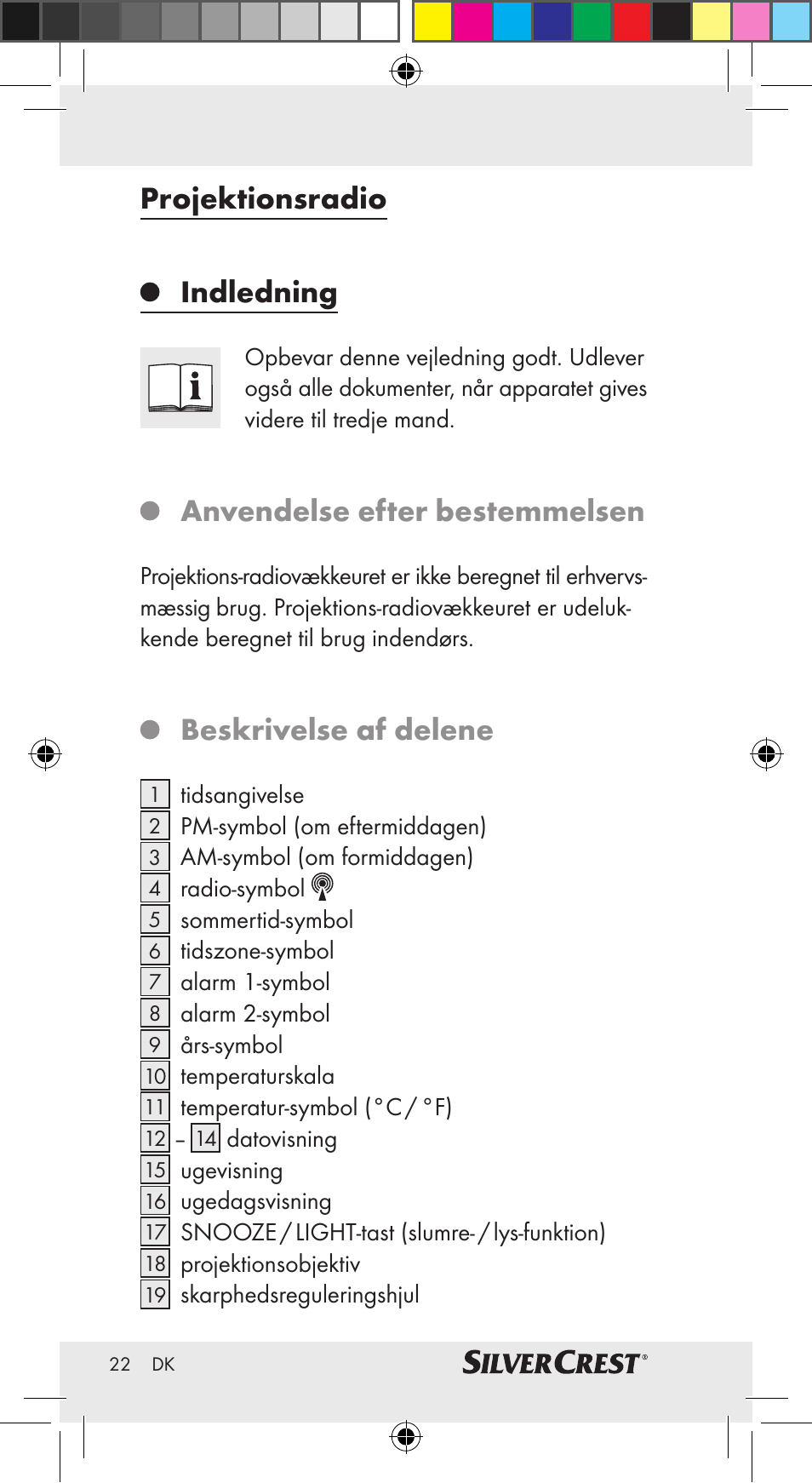 Projektionsradio indledning, Anvendelse efter bestemmelsen, Beskrivelse af delene | Silvercrest Z30951A Z30951B Z30951C User Manual | Page 22 / 69