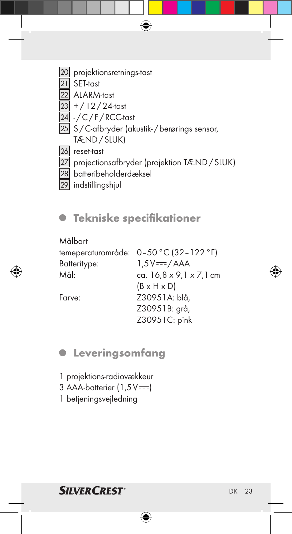 Tekniske specifikationer, Leveringsomfang | Silvercrest Z30951A Z30951B Z30951C User Manual | Page 23 / 69