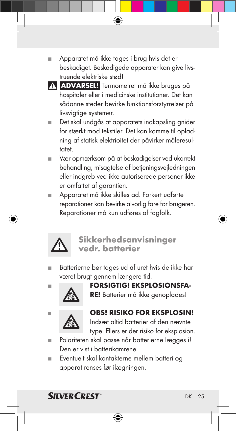 Sikkerhedsanvisninger vedr. batterier | Silvercrest Z30951A Z30951B Z30951C User Manual | Page 25 / 69