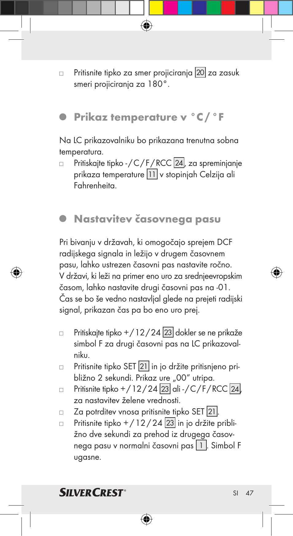 Prikaz temperature v °c / °f, Nastavitev časovnega pasu | Silvercrest Z30951A Z30951B Z30951C User Manual | Page 47 / 69