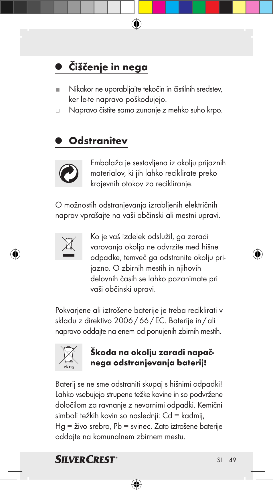 Čiščenje in nega, Odstranitev | Silvercrest Z30951A Z30951B Z30951C User Manual | Page 49 / 69