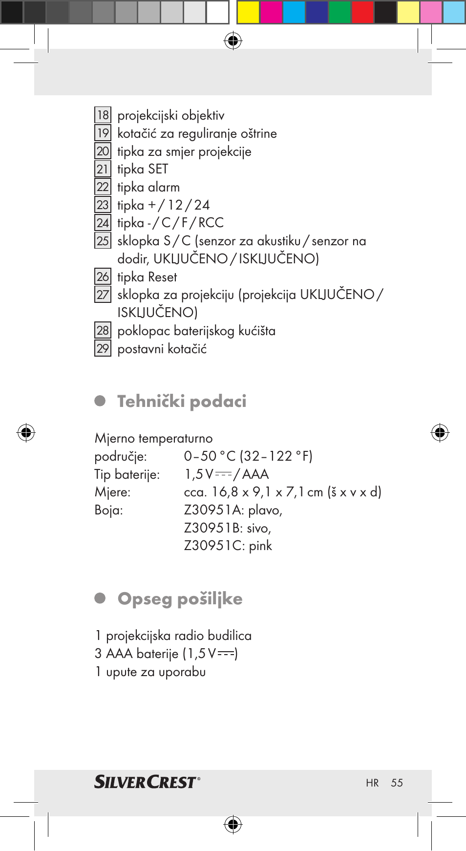 Tehnički podaci, Opseg pošiljke | Silvercrest Z30951A Z30951B Z30951C User Manual | Page 55 / 69