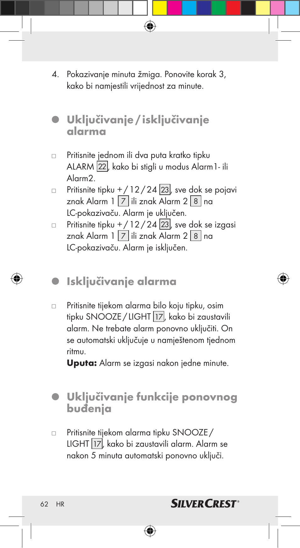 Uključivanje / isključivanje alarma, Isključivanje alarma, Uključivanje funkcije ponovnog buđenja | Silvercrest Z30951A Z30951B Z30951C User Manual | Page 62 / 69