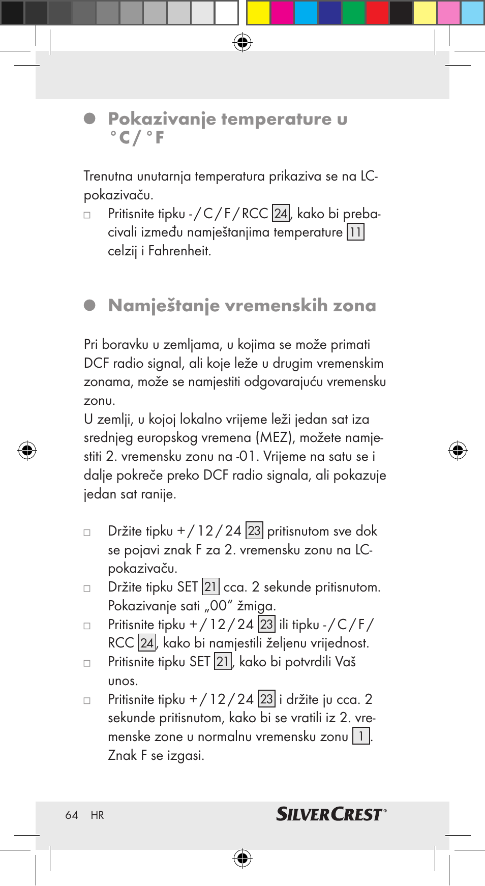 Pokazivanje temperature u °c / °f, Namještanje vremenskih zona | Silvercrest Z30951A Z30951B Z30951C User Manual | Page 64 / 69