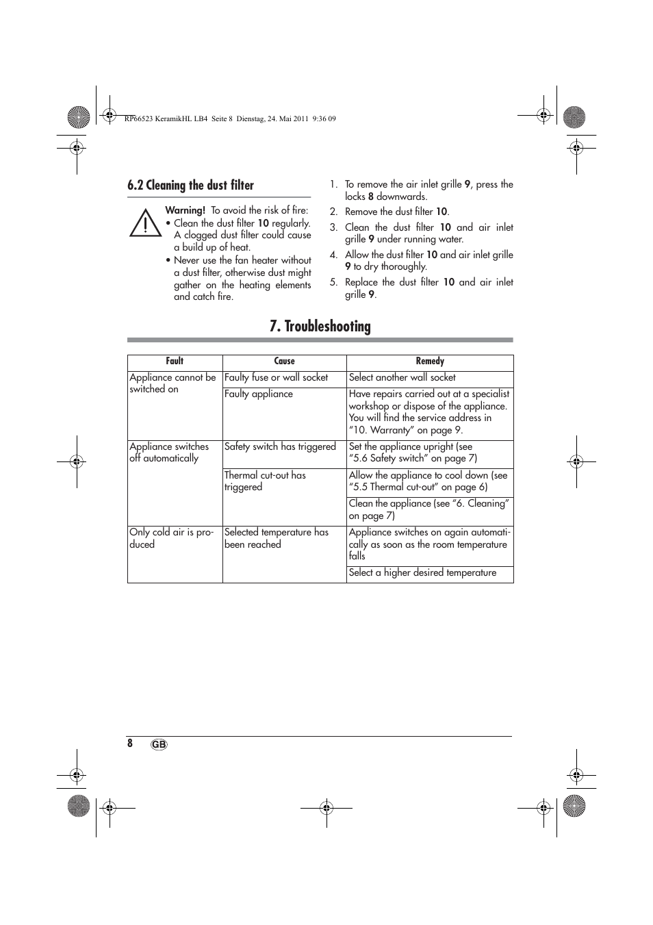 Troubleshooting, 2 cleaning the dust ﬁlter | Silvercrest SKHL 1800 A1 User Manual | Page 10 / 66