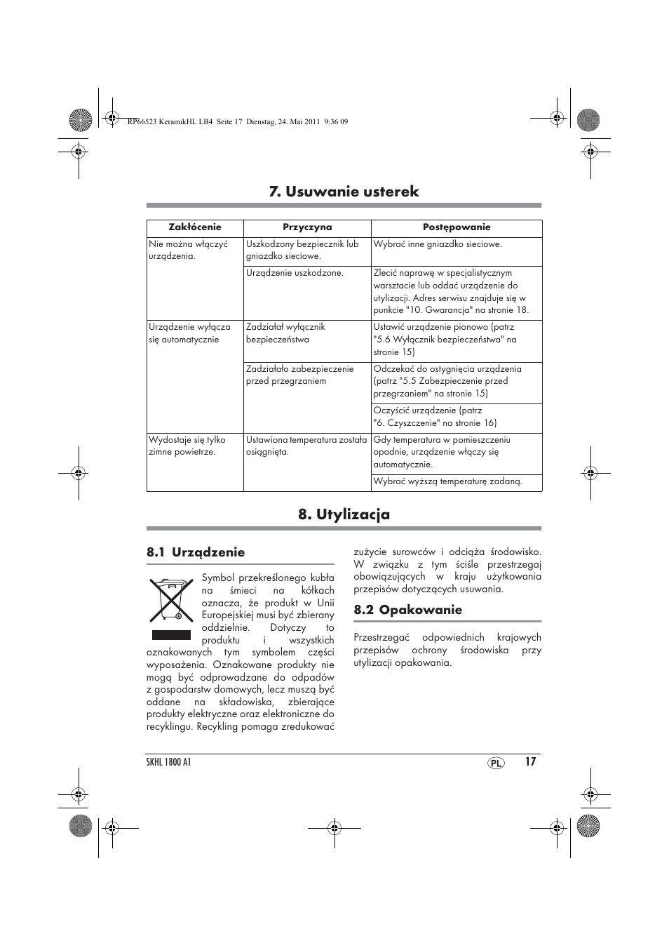 Usuwanie usterek 8. utylizacja, 1 urządzenie, 2 opakowanie | Silvercrest SKHL 1800 A1 User Manual | Page 19 / 66